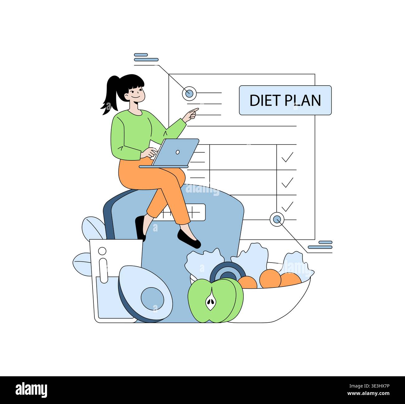 Immagine vettoriale di una donna seduta su una scala gigante, che utilizza un notebook per pianificare la sua dieta. Circondata da opzioni alimentari sane, sembra concentrata e impegnata nella creazione di un piano di dieta. Illustrazione Vettoriale