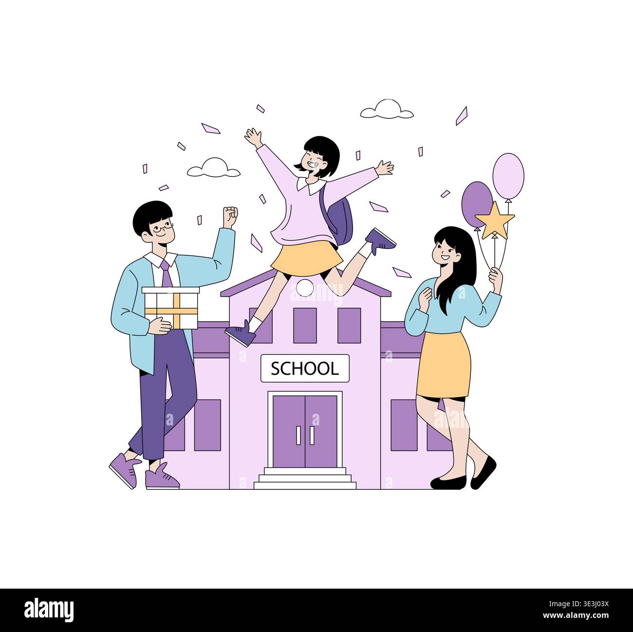 Illustrazione vettoriale di uno studente gioioso che salta con entusiasmo davanti a un edificio scolastico. Altre due persone stanno festeggiando, una che tiene palloncini, un altro dono, esprimendo felicità e successo. Illustrazione Vettoriale