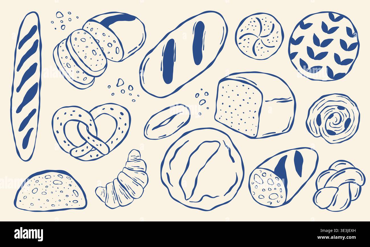 La linea blu disegnata a mano mostra una varietà di pane e dolci. Baguette, croissant, panini, pretzel e panini a fette illustrati in stile semplice. Illustrazione Vettoriale