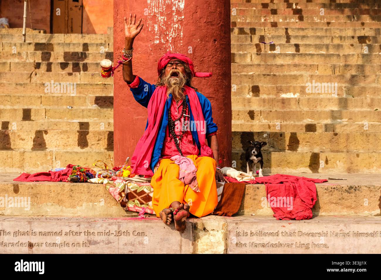 Un Sadhu siede sui gradini del Narad Ghat a Varanasi, vicino al fiume Gange, alzando una mano tenendo un piccolo tamburo damaru accanto a un piccolo cane. Varana Foto Stock