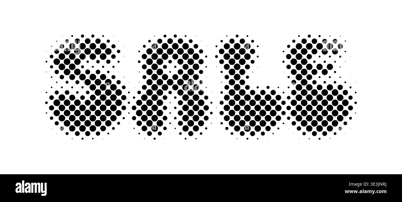 Vendita. La parola vendita isolata su sfondo bianco. Promozione prezzo mezzitoni. Grande vendita. Design dei caratteri per le stampe. Banner moderno con sconto. Lettera Illustrazione Vettoriale
