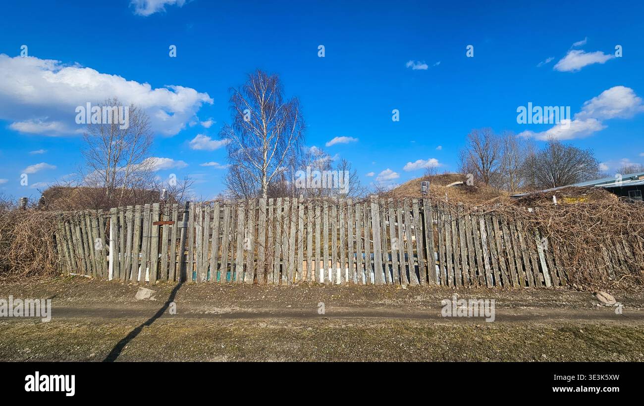 Vecchia recinzione rurale in legno con viti asciutte e paesaggio di campagna blu Foto Stock