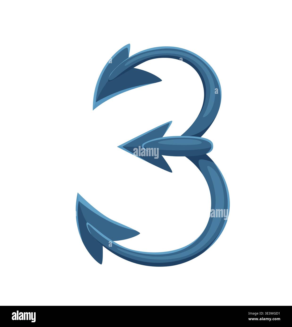 Carattere pirata numero 3 carattere cartoni animati corsair carattere alfabetico con frecce a gancio curve. Simbolo numerico nautico fantasia. Cifra vettoriale tre cifre per caratteri pirati abc tipografia e numeri di apprendimento Illustrazione Vettoriale