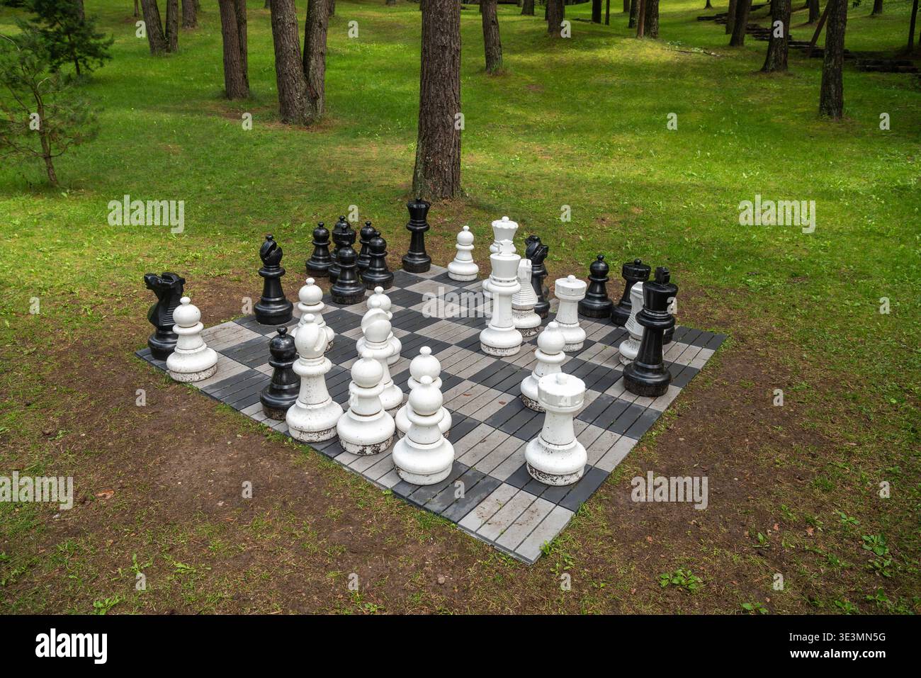 Scacchi giganti all'aperto su una tavola in un parco verde Foto Stock