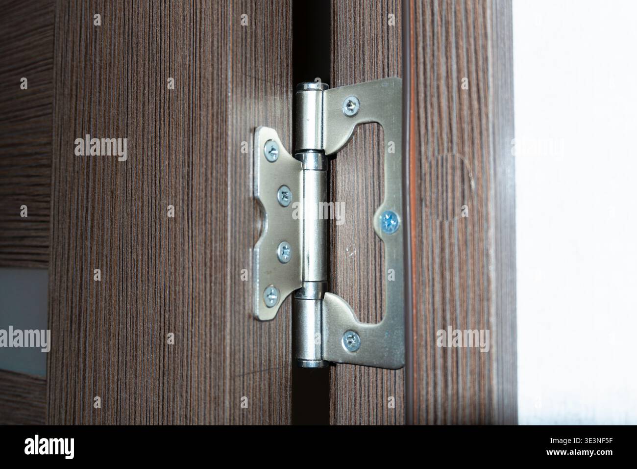 Cerniere a farfalla, cerniere a farfalla vecchie cerniere su una porta di legno in un appartamento, riparazione cerniere. Alta qualità Foto Stock