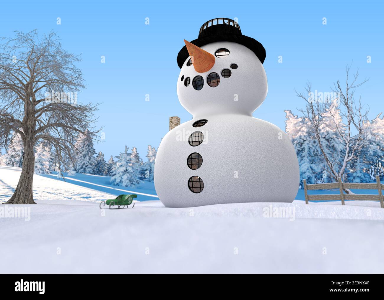 Allegra casa di pupazzi di neve 3D con cappello nero, naso di carota e finestre rotonde si erge in un paesaggio innevato con alberi e una slitta verde nelle vicinanze. Perfetto Foto Stock