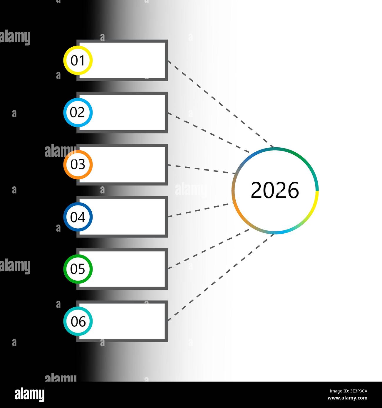 Infochart piano 2026. Elenco dei sei passi. Set vettoriale numerato. Grafico gradiente nero. Solo vettore manuale. Nessuna traccia automatica utilizzata. Illustrazione Vettoriale
