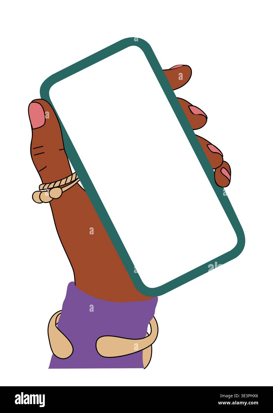 Mano femminile nera che regge uno smartphone color tè Illustrazione Vettoriale