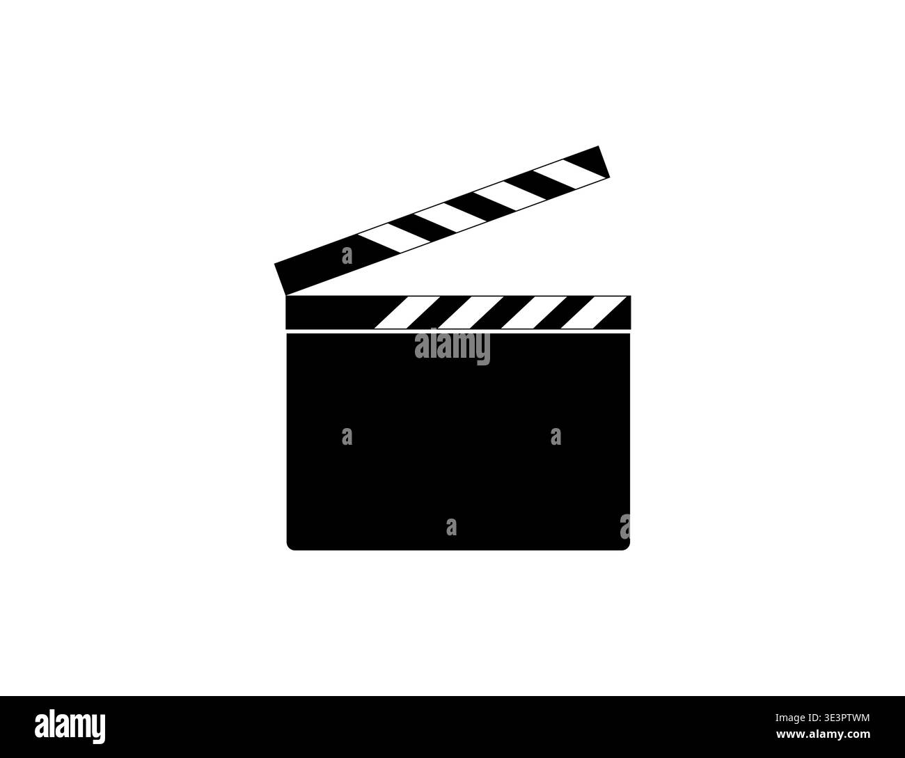 Icona del clapperboard bianco e nero su sfondo bianco che simboleggia la produzione cinematografica e la produzione cinematografica. Illustrazione Vettoriale