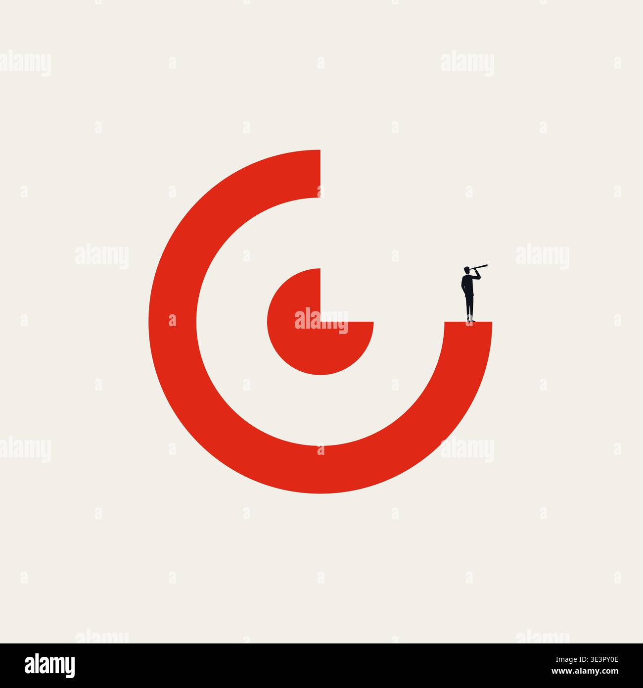 Il vettore commerciale minimalista di un uomo che cammina su una ruota punteggiata che collega un piccolo cerchio rosso a un grande cerchio rosso. Illustrazione Vettoriale