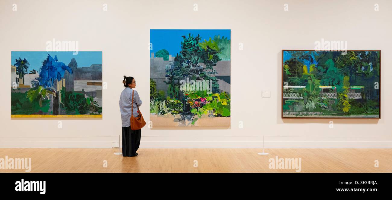 Tate Britain, Londra, Regno Unito. 24 marzo 2026. La prima grande mostra personale del pittore britannico Hurvin Anderson, con oltre 80 opere dai suoi 40 anni di carriera. In paesaggi e interni colorati, Anderson si snoda avanti e indietro attraverso l'Atlantico, tra il Regno Unito e i Caraibi. Dal 26 marzo al 23 agosto Immagine (da l a r): Hurvin Anderson, Hawksbill Bay, 2020; Ashanti Blood, 2021; parete di pietra calcarea, 2020. Crediti: Malcolm Park/Alamy Foto Stock