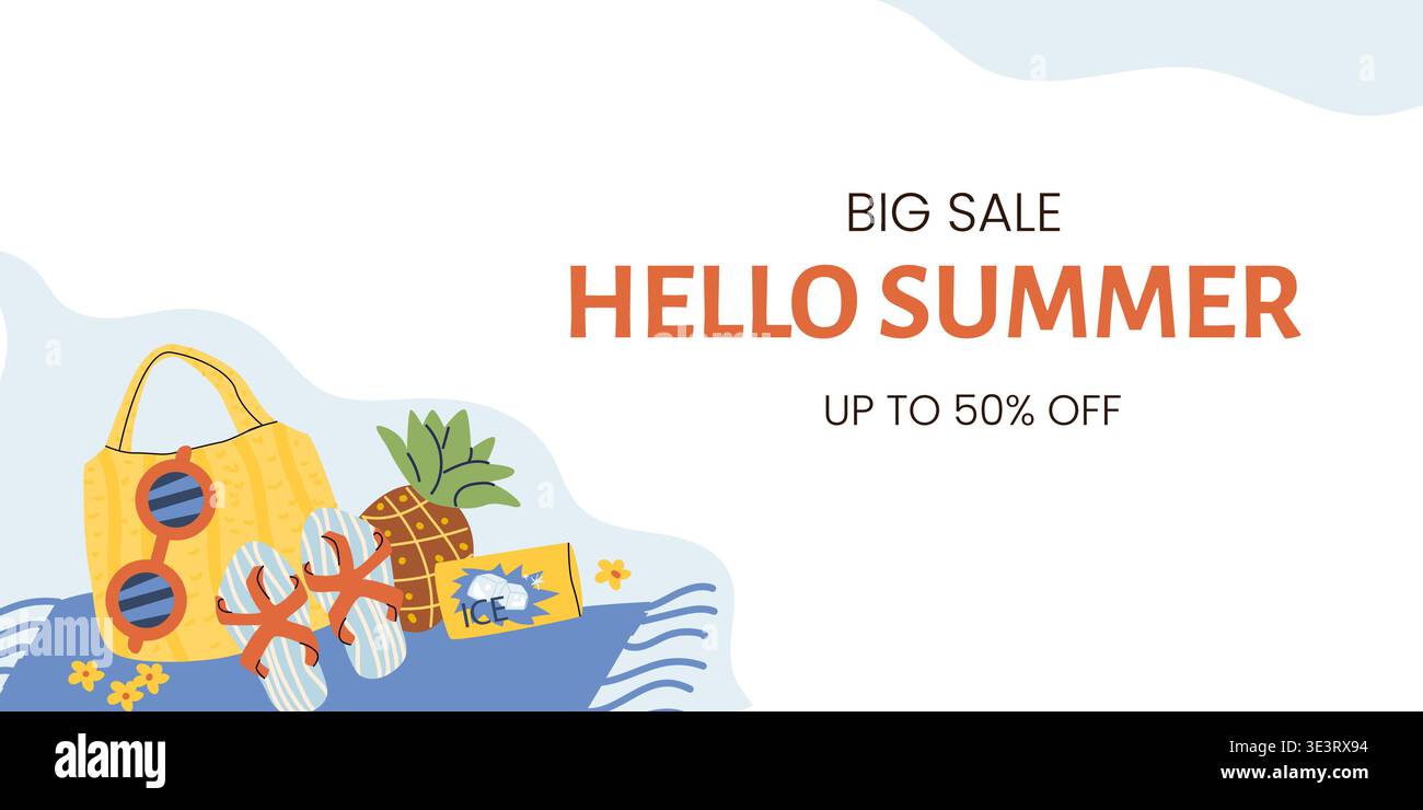 Striscione di vendita estiva con occhiali da sole, ananas, occhiali da vista, borsa da spiaggia, infradito. Promozione e modello di shopping per lo sfondo della stagione estiva per Illustrazione Vettoriale