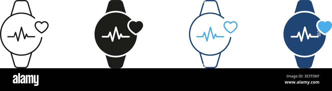 Smartwatch con linea Heartbeat e set di icone continue. Monitoraggio della frequenza cardiaca, monitoraggio della forma fisica, contorno e simbolo di silhouette per la gestione dello stato Illustrazione Vettoriale
