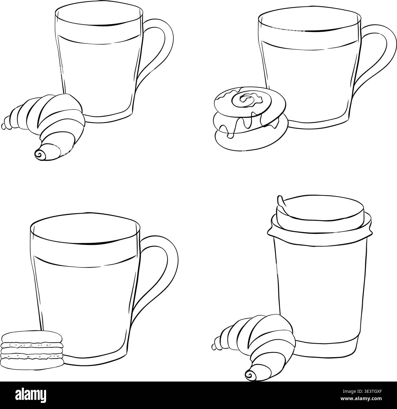 Caffè e dolci Set di composizione Cafe illustrazione disegnata a mano. Grafica vettoriale con inchiostro a linee in bianco e nero. Striscioni, poster, carta da imballaggio, adesivo, Illustrazione Vettoriale