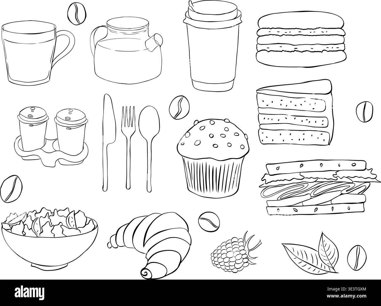Set di piatti in stile gesso e icone del caffè per la colazione per menu', inviti, brunch italiano, deliziosi croissant, tazza, set da caffè disegnato a mano Illustrazione Vettoriale