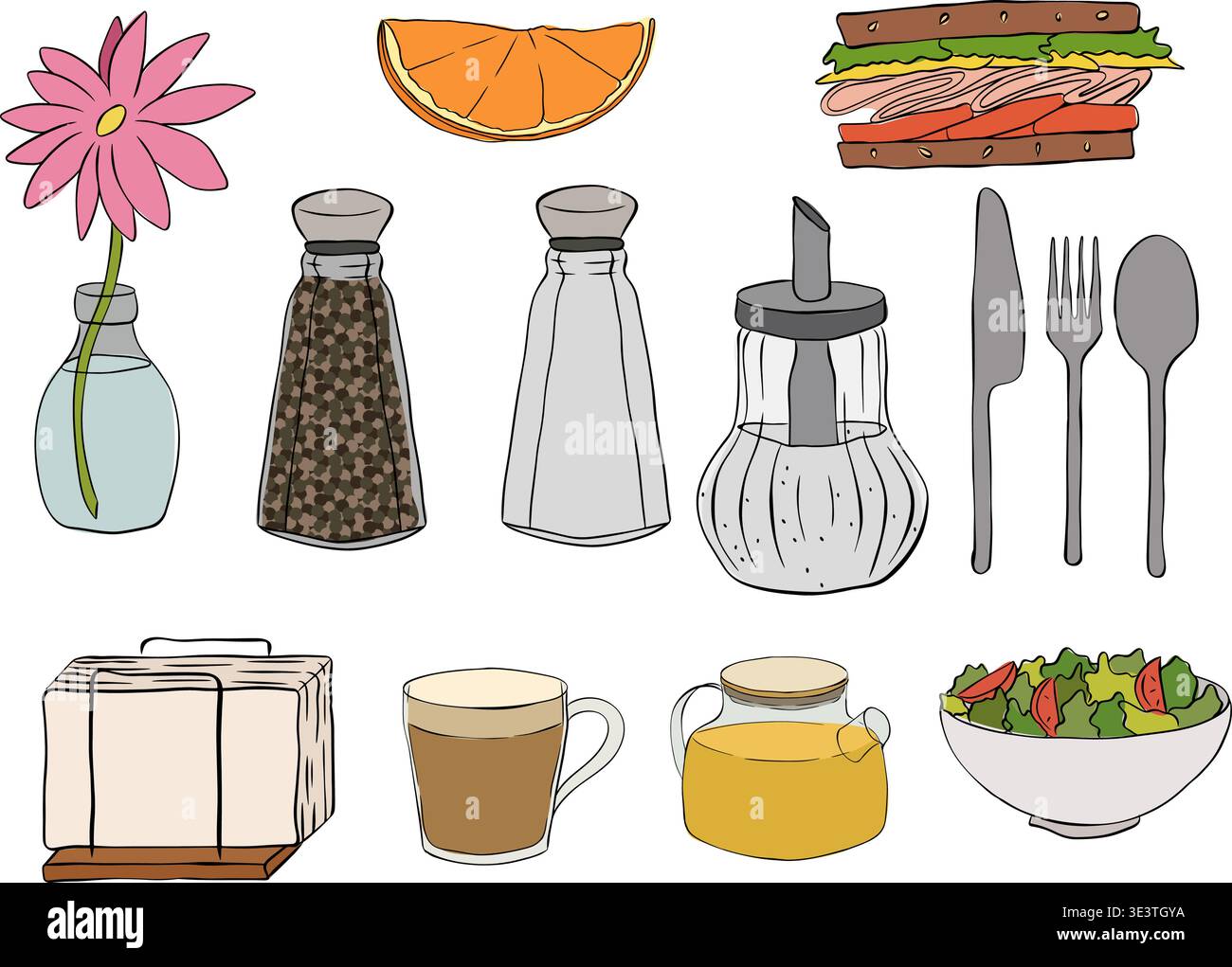 Set di icone del ristorante e della ristorazione. Include posizionamento, teglia, tovagliolo, shaker per sale, tritapepe, tazza da caffè, menu e cappello da chef. Set da caffè ha Illustrazione Vettoriale