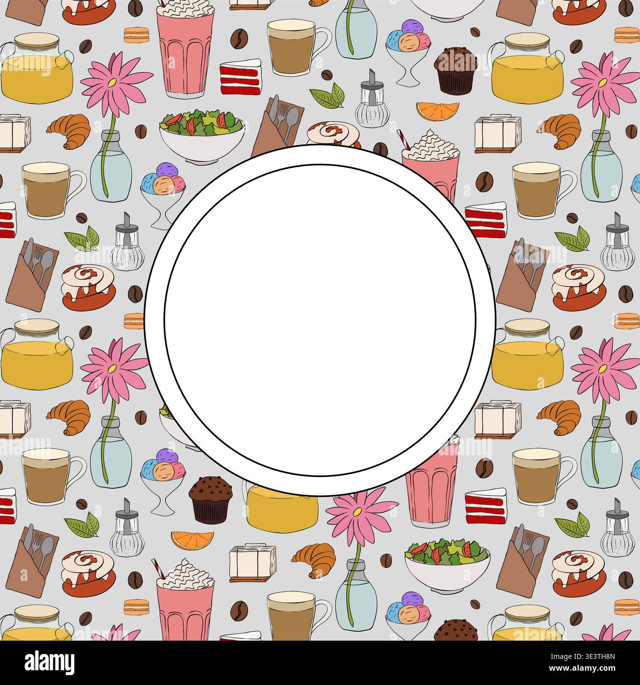 Cibo e bevande da caffè modello di cornice cerchio disegnato a mano. Grafica vettoriale con inchiostro lineare. Per poster, invito, sfondo, annuncio, promozione di vendita, pri Illustrazione Vettoriale