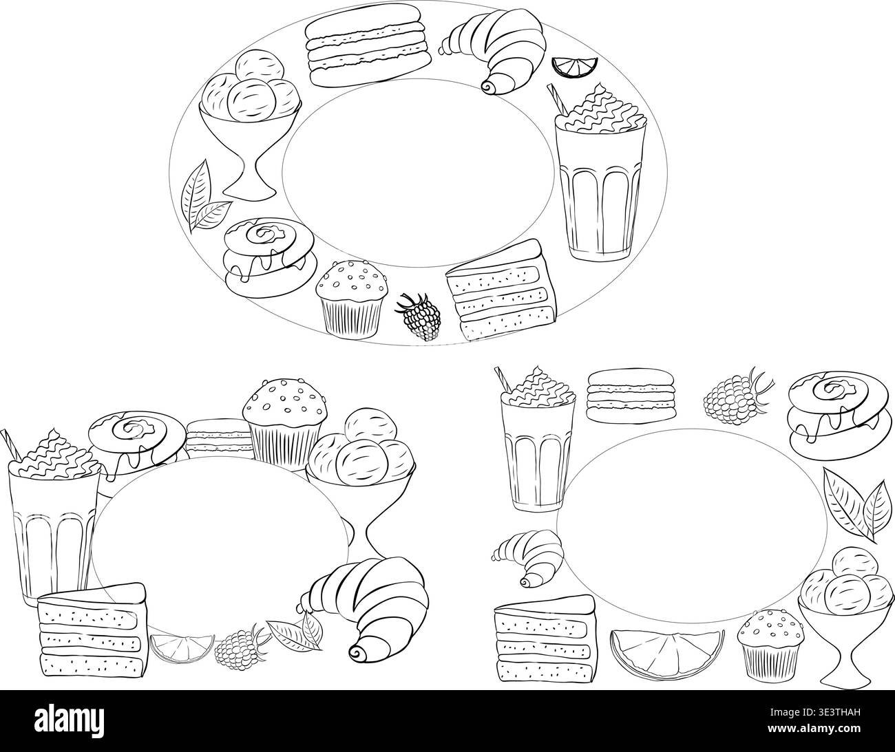 Modello di cornice per dessert Set caffè ovale bianco e nero illustrazione disegnata a mano. Grafica vettoriale con inchiostro lineare. Per poster, invito, sfondo, annuncio, vendita Illustrazione Vettoriale