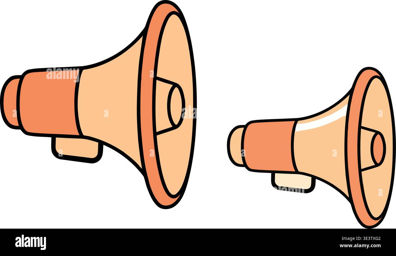 Due megafoni in stile cartoni animati, uno più grande dell'altro, di colore arancione chiaro e beige, su sfondo bianco. Illustrazione Vettoriale