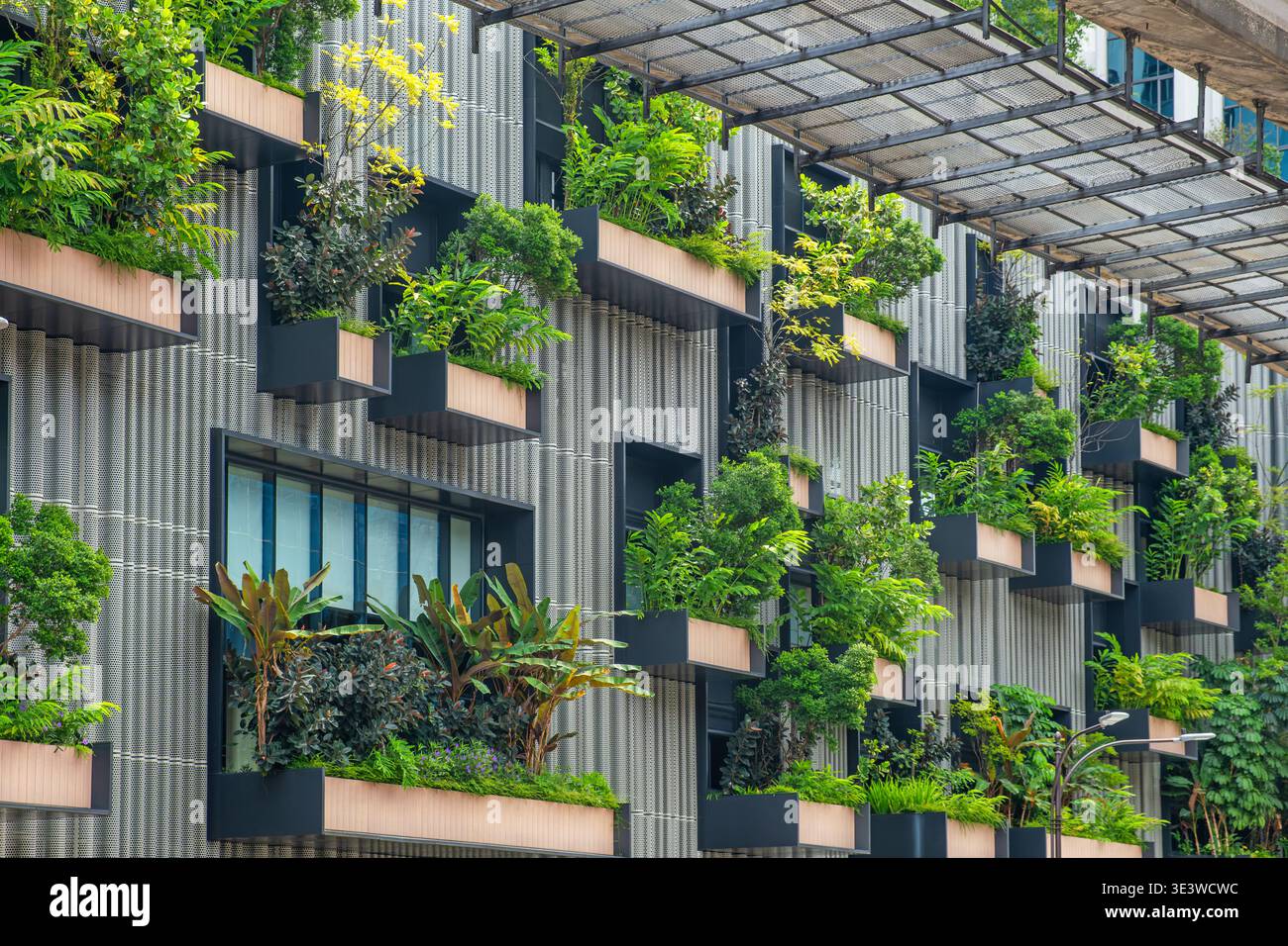 Edificio moderno con giardino verticale integrato e scatole di fioriere con vegetazione variegata. Architettura sostenibile, costruzione ecocompatibile Foto Stock