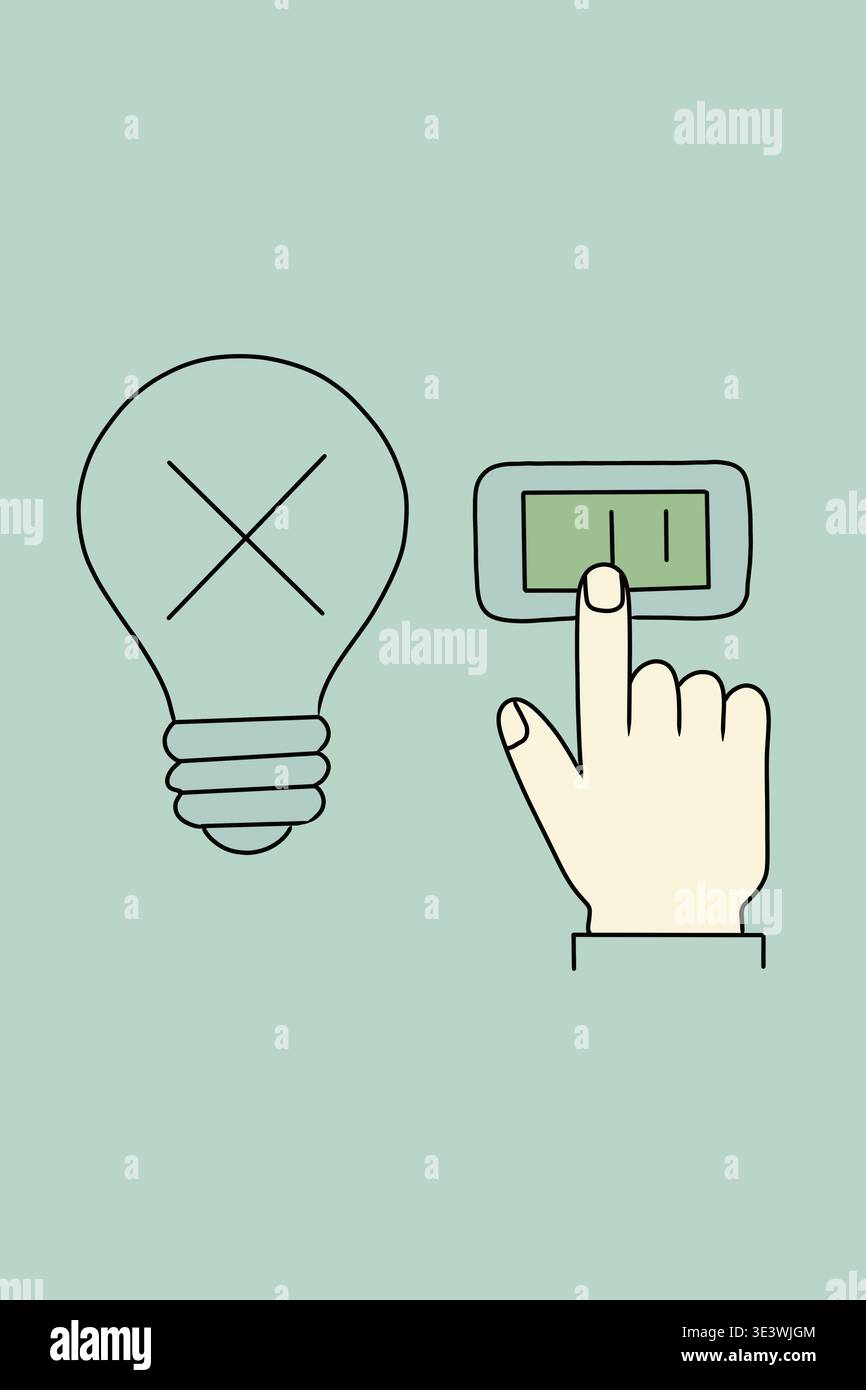 Illustrazione che promuove il risparmio energetico con una lampadina e una mano che la spegne. Sottolinea l'importanza di risparmiare risorse per proteggere il Foto Stock