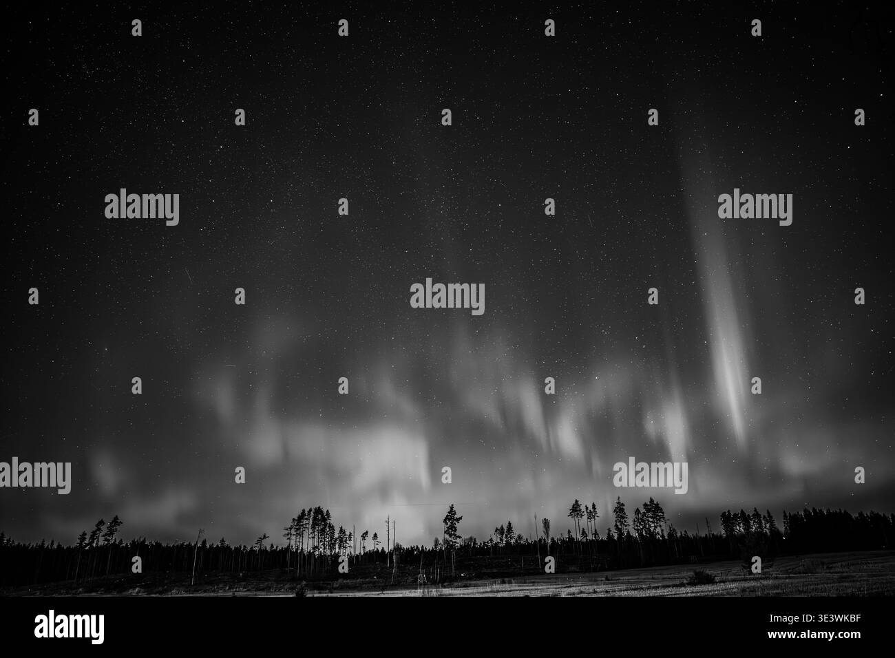 "Fine Art Black and White Aurora Borealis Over Spring Fields nel sud della Finlandia" Foto Stock