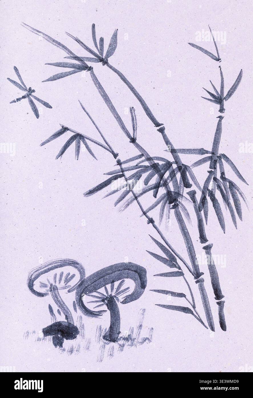 Disegno da allenamento stile Suibokuga con acquerelli funghi e bastone su carta rosa Foto Stock