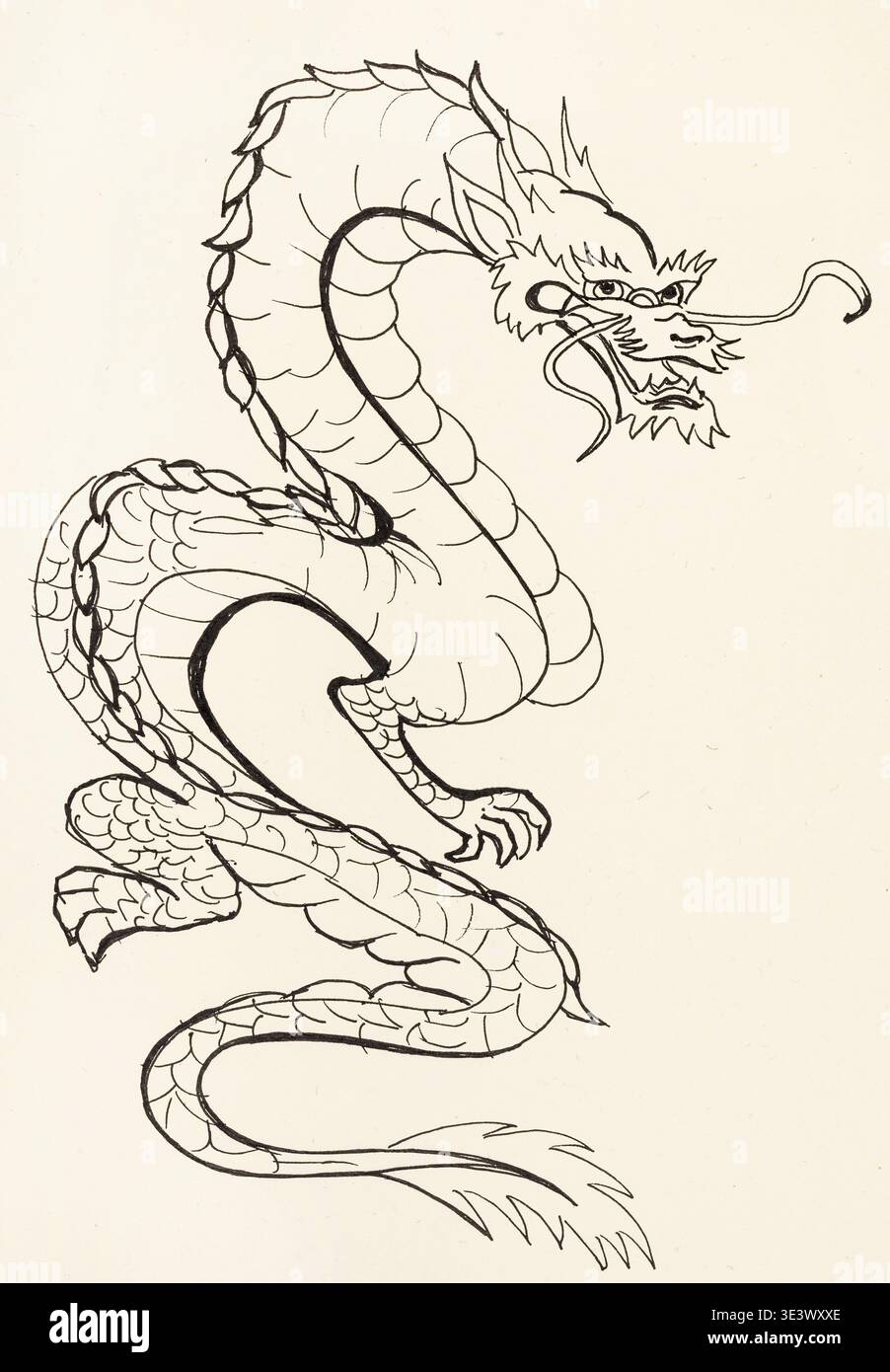 Disegno da training in stile Suibokuga con drago ad acquerello su carta avorio Foto Stock