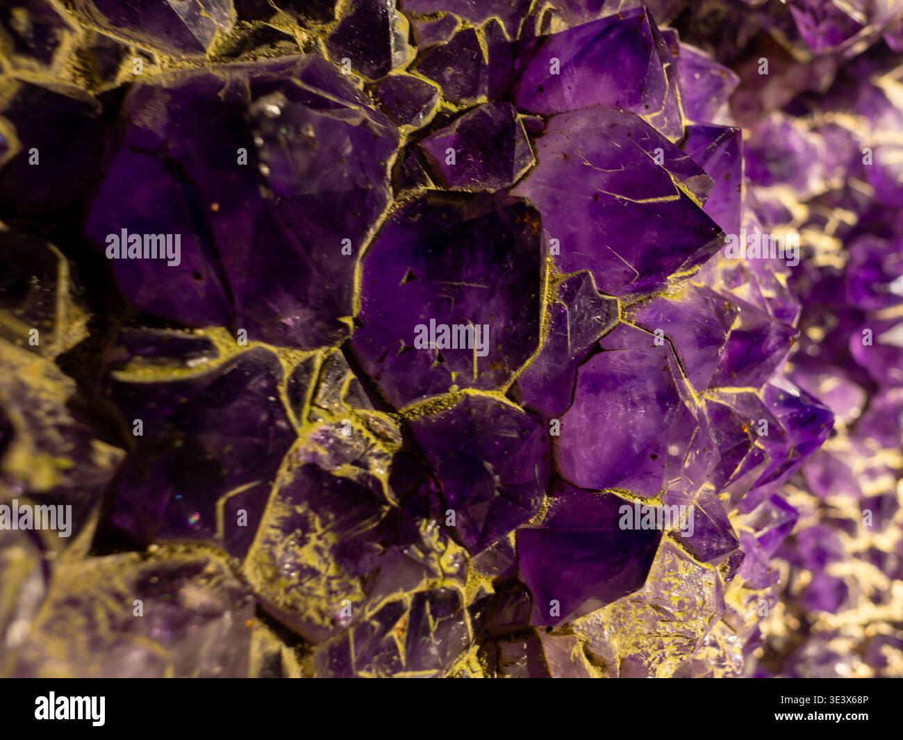Primo piano di cristalli di ametista viola con forme geometriche nitide e colori ricchi. Struttura minerale naturale e sfondo astratto. Foto Stock