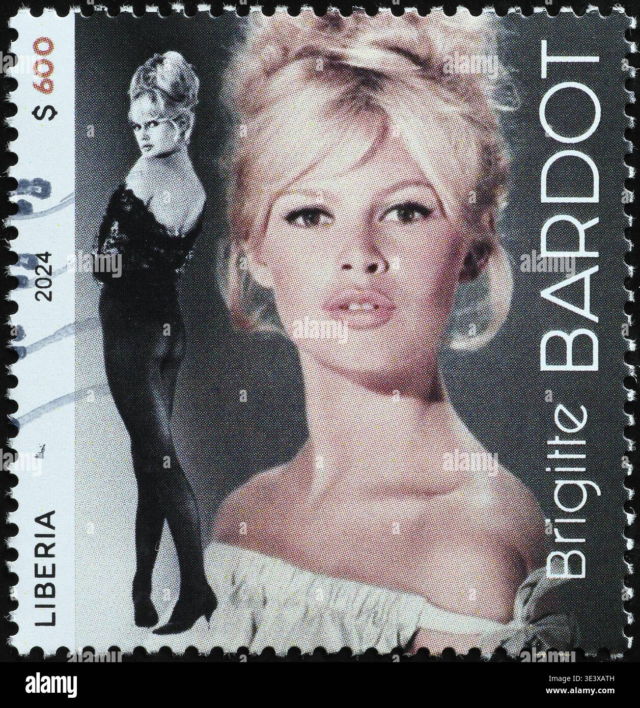 Prima vista della giovane Brigitte Bardot su un francobollo Foto Stock