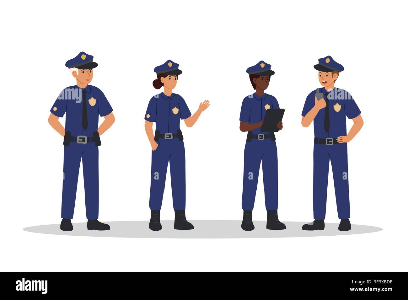 Squadra di polizia. Uomini, donne in uniforme blu della polizia in piedi a tutta altezza e pronte all'azione. Unità, solidarietà professionale. Vettore. Illustrazione Vettoriale