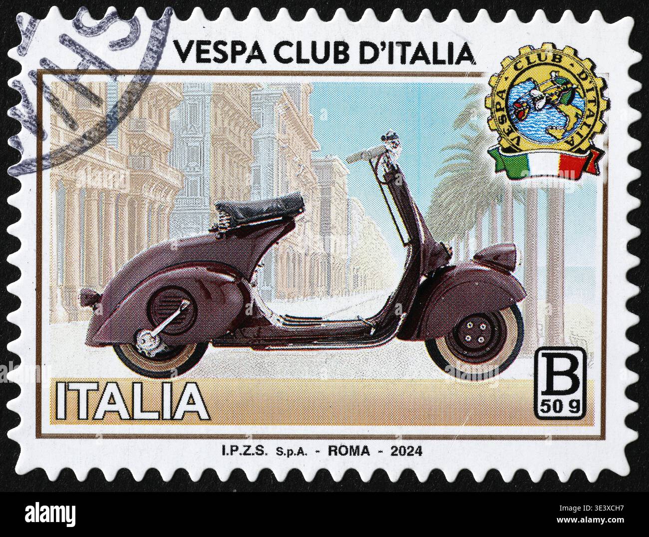 Vespa d'epoca celebrata sul francobollo italiano Foto Stock