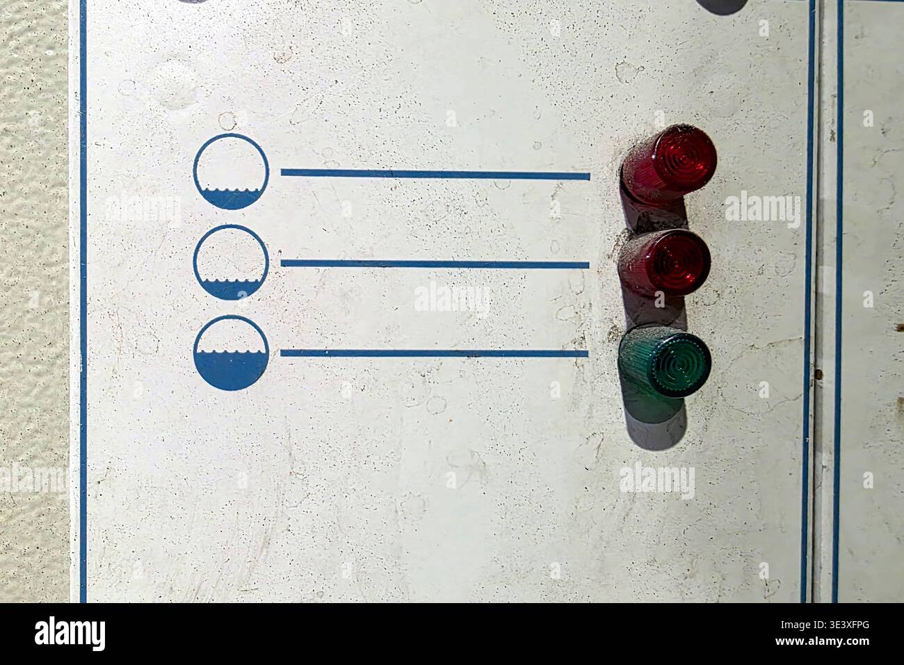 Un pannello di indicazione del livello dell'acqua visualizza tre cerchi che rappresentano il livello dell'acqua con spie colorate che indicano lo stato. Questa configurazione è in un industr Foto Stock