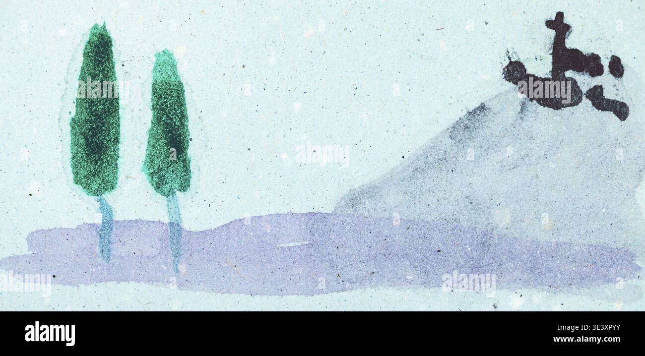 Allenamento disegno in stile Suibokuga con acquerelli paesaggio su carta blu Foto Stock