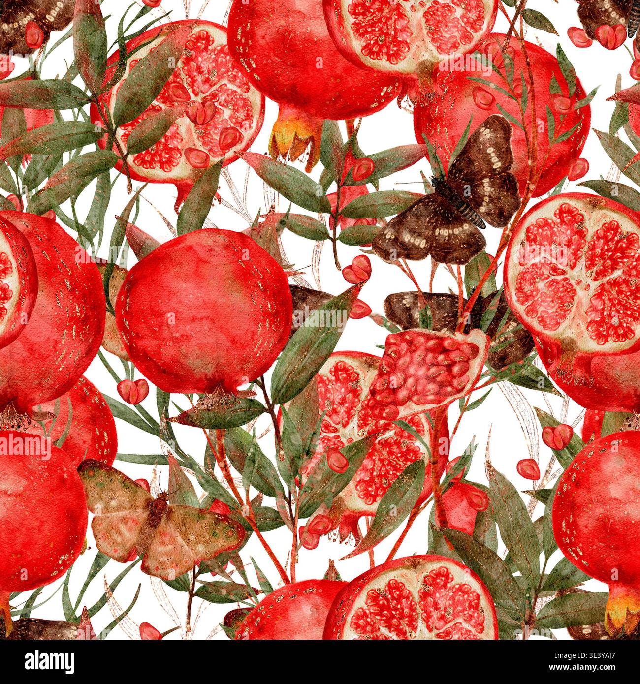 Acquerello Pomegrani maturi Collage Dense Harvest, composizione a strati con frutti e foglie intere che trasportano abbondanza ed energia rustica, ideale per l'imballaggio e le campagne stagionali disegno a mano acquerello senza cuciture motivo botanico. Foto Stock