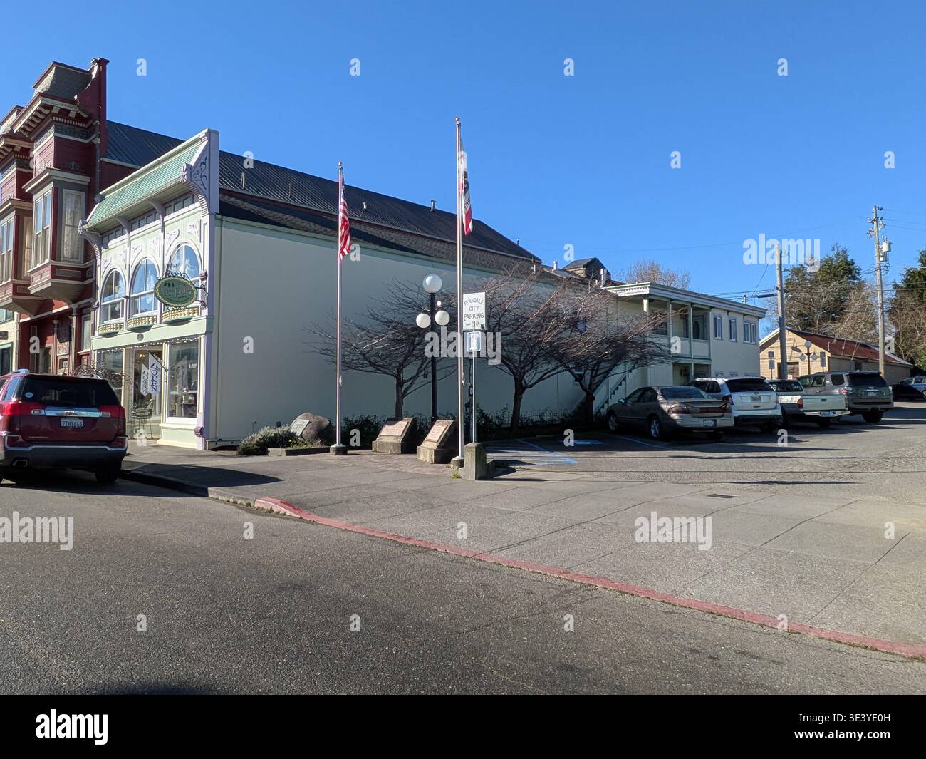 Ferndale, California, Stati Uniti – 15 gennaio 2025: Parcheggio con edificio caratteristico e segnale stradale unico, che cattura il commercio locale quotidiano e il qu - Immagine stock catturata con smartphone