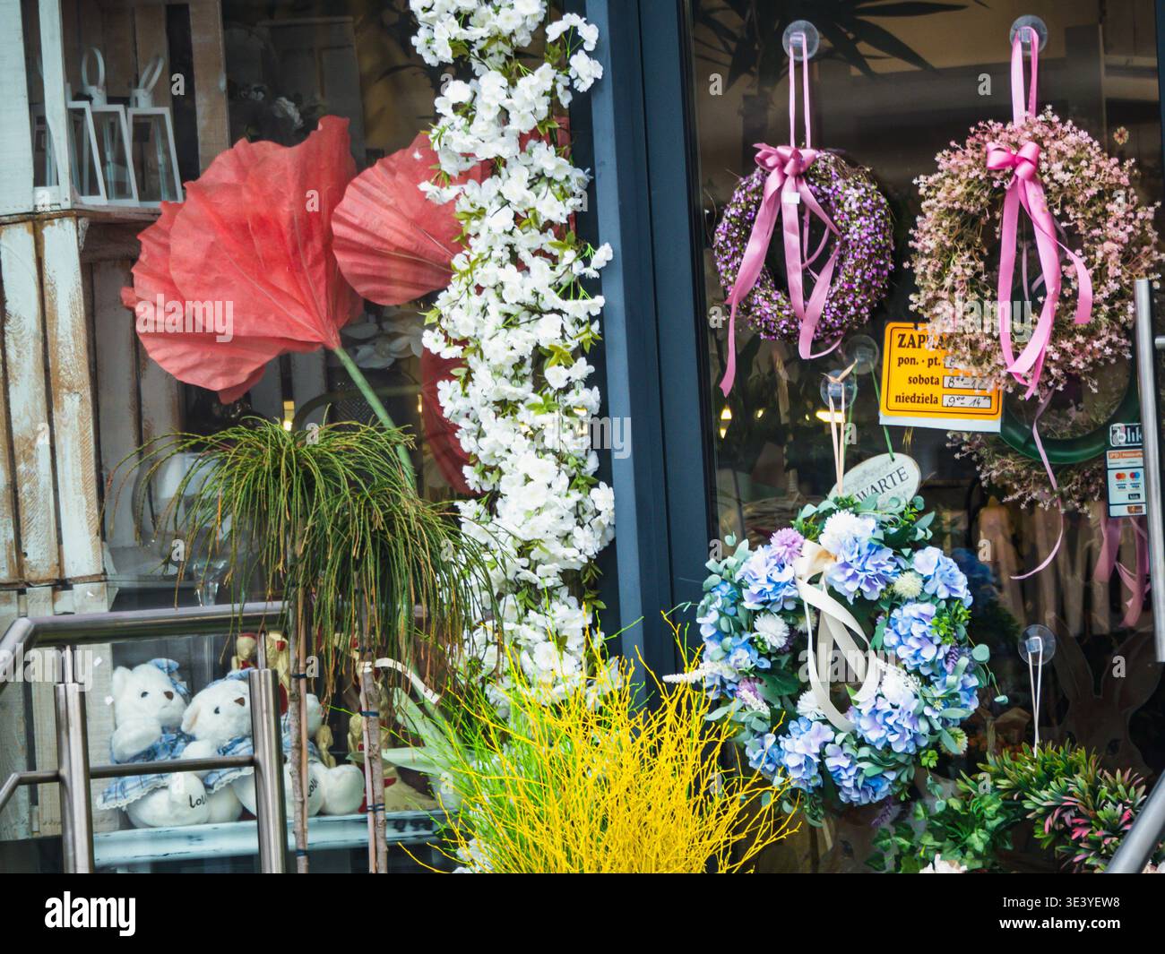 I fiori sono appesi accanto alla vetrina di un negozio. I fiori rosa e bianco incorniciano il display. Il fogliame aggiunge texture e profondità alla scena. Le piante di colore giallo brillante portano vi Foto Stock