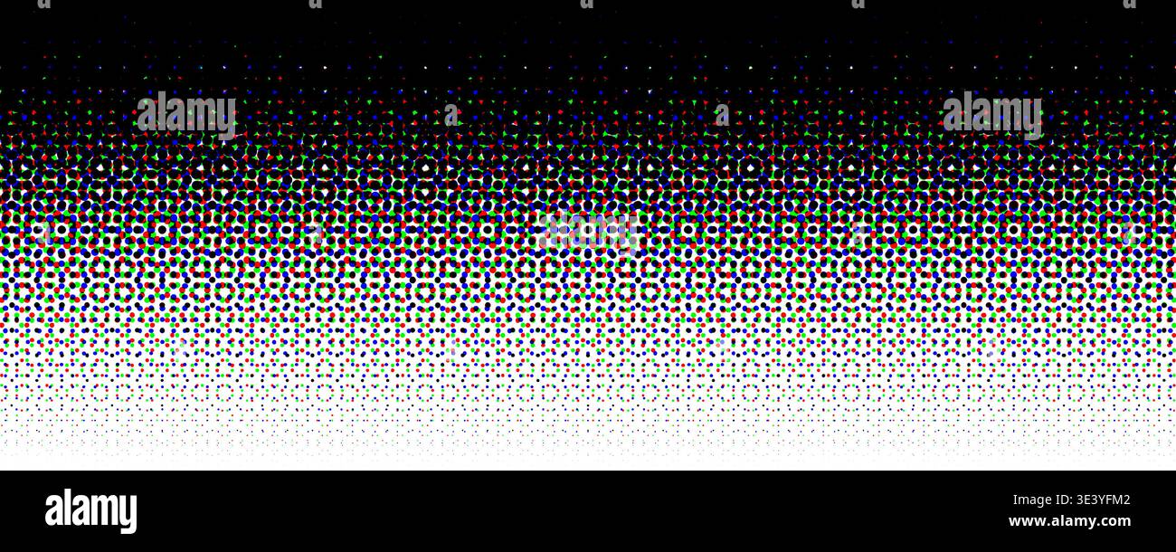Gradiente mezzitoni tratteggiati nero. La sfumatura si sovrappone alla texture di gradazione pixel rgb. Carta da parati a pois con effetto raster. Sfondo sovrapposizione effetto pop art fumetto vettoriale. Sfondo con ripetizione perforata Illustrazione Vettoriale