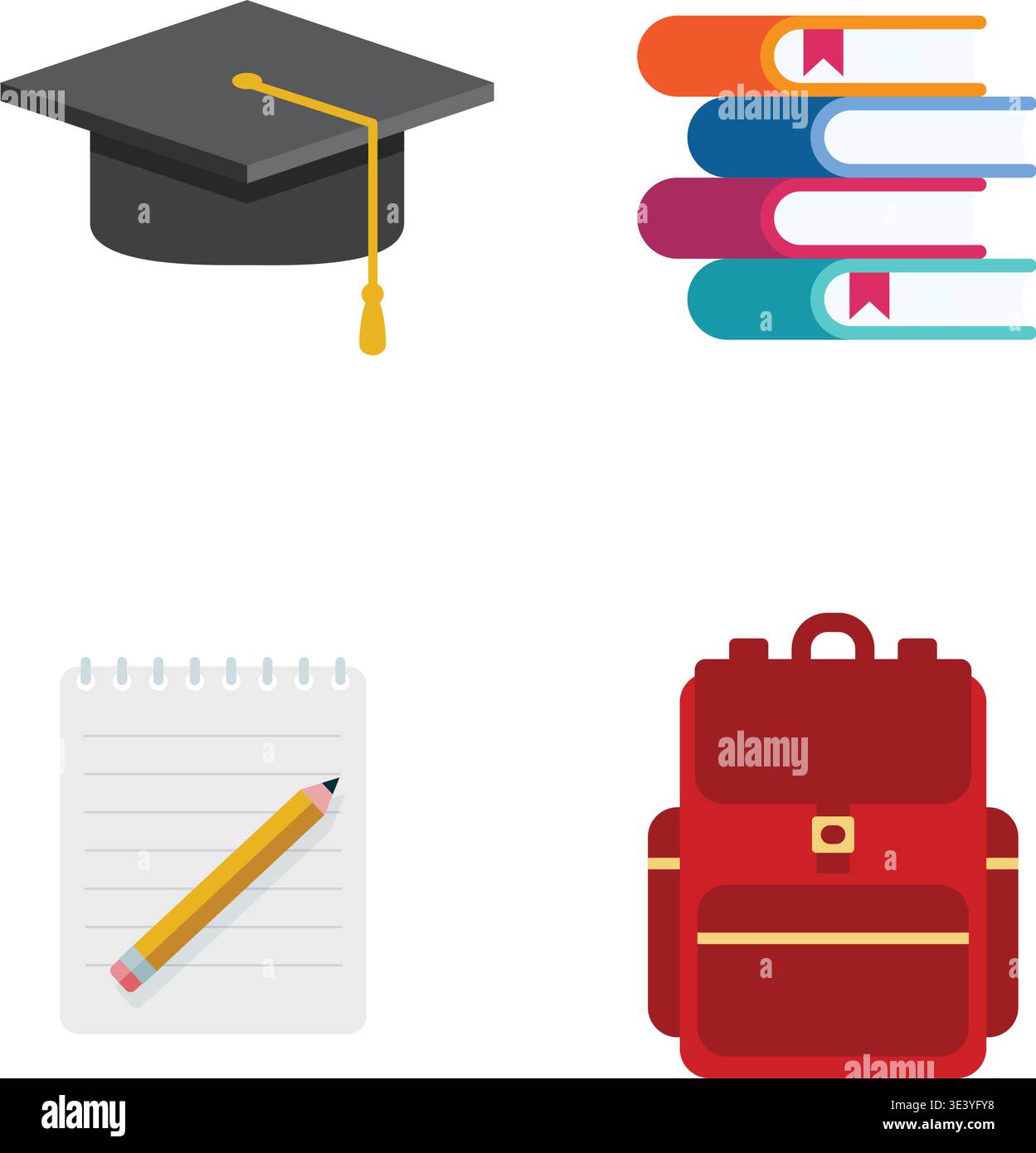 Una collezione vettoriale piatta e pulita con un cappuccio graduato, libri impilati, un notebook con matita e uno zaino rosso. Illustrazione stock. Illustrazione Vettoriale