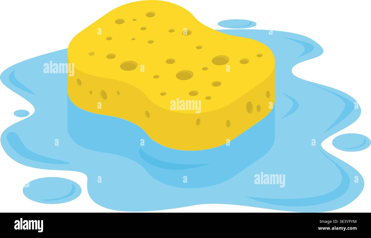 Cartoni vettoriali di una spugna gialla per la pulizia che assorbe una pozza liquida su una superficie piana, ideale per le faccende domestiche. Illustrazione stock. Illustrazione Vettoriale