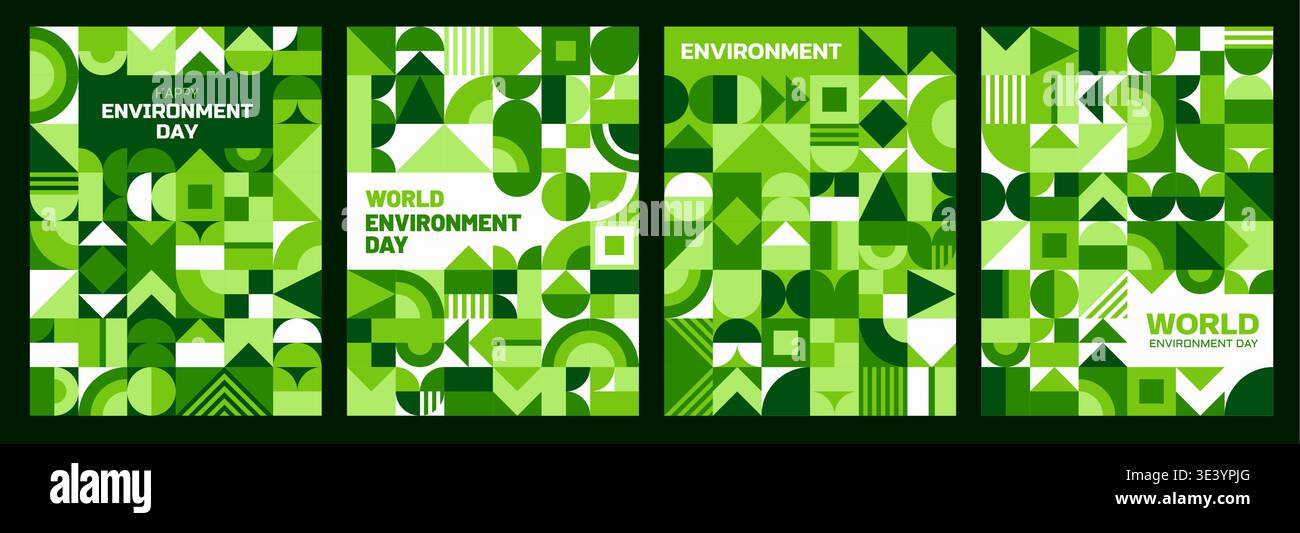 Poster della giornata mondiale dell'ambiente con sfondo geometrico verde, ecologia vettoriale ed eco-natura. Manifesti della giornata Mondiale dell'ambiente con forme astratte a forma di cerchio verde, quadrato e triangolo Illustrazione Vettoriale