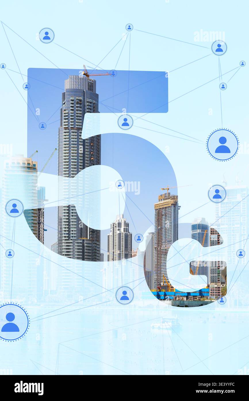 La nuova tecnologia 5G connette le persone nelle aree urbane e forma le reti di comunicazione future Foto Stock
