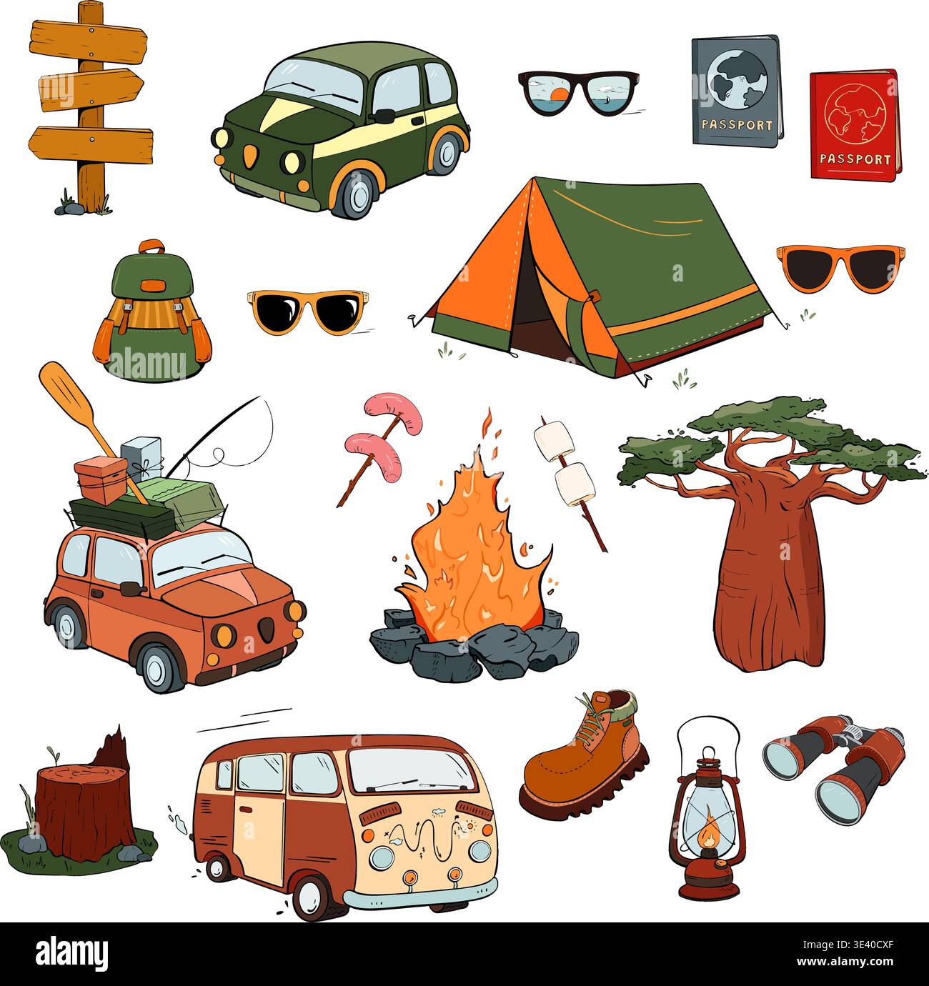 Una collezione di icone ed elementi di Camping Adventure che rappresentano attività all'aperto e divertimento. Illustrazione vettoriale. Turismo Illustrazione Vettoriale