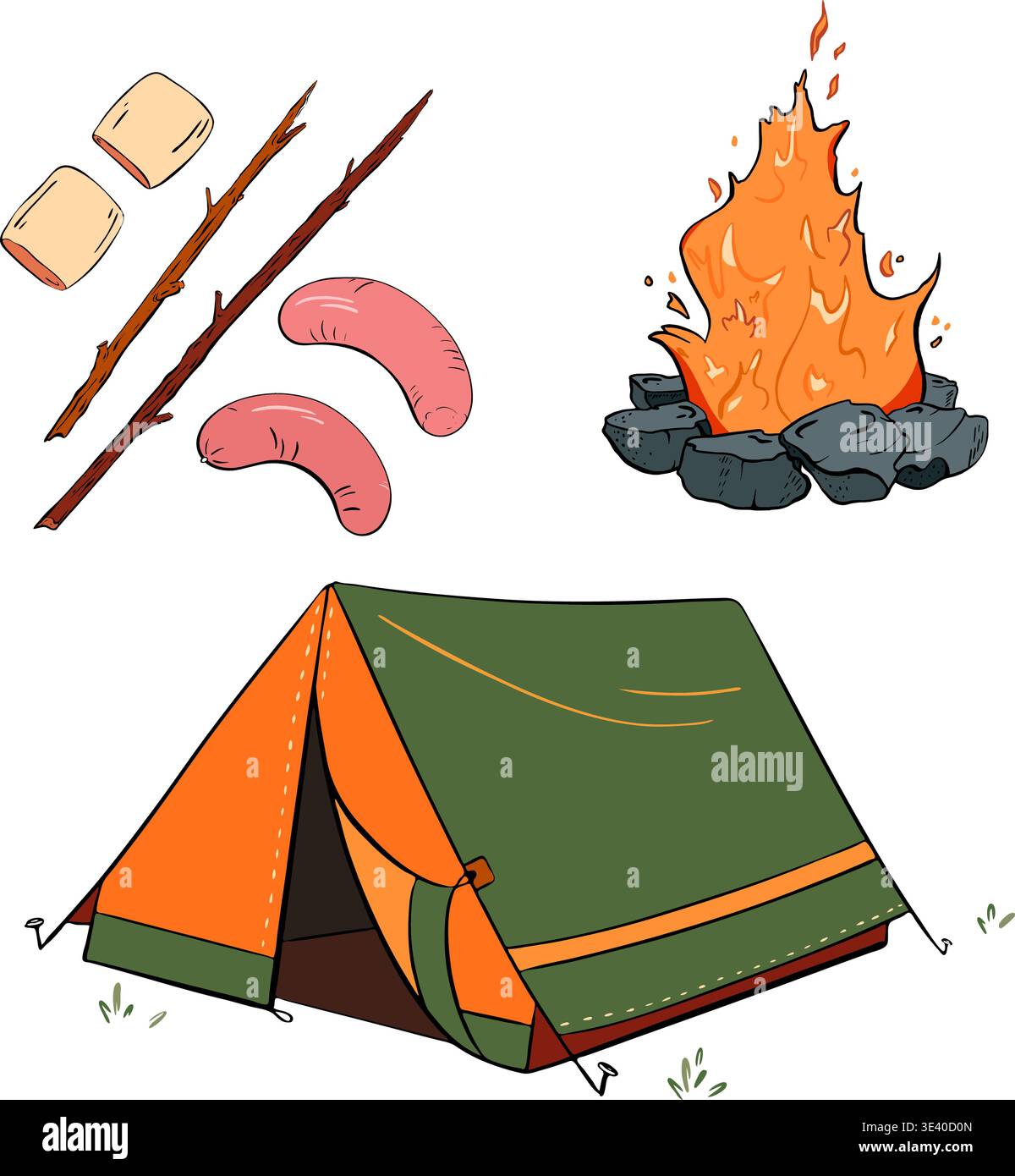 Un accogliente scenario da campeggio con tenda, fuoco caldo e deliziosi spuntini da gustare insieme. Illustrazione vettoriale. Turismo Illustrazione Vettoriale