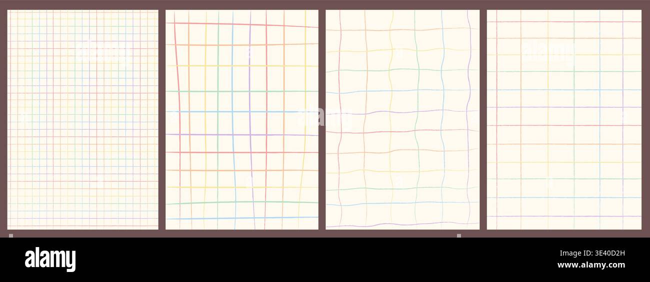 Set di motivi retrò a griglia arcobaleno pastello. Sfondi con linee a scacchi disegnati a mano e morbidi. Collezione di carte da parati LGBTQ Pride per il digitale dalla texture originale Illustrazione Vettoriale