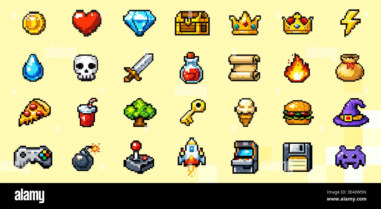 Set di icone di gioco pixel con elementi di interfaccia arcade e simboli di videogiochi retrò in stile 8 bit Illustrazione Vettoriale