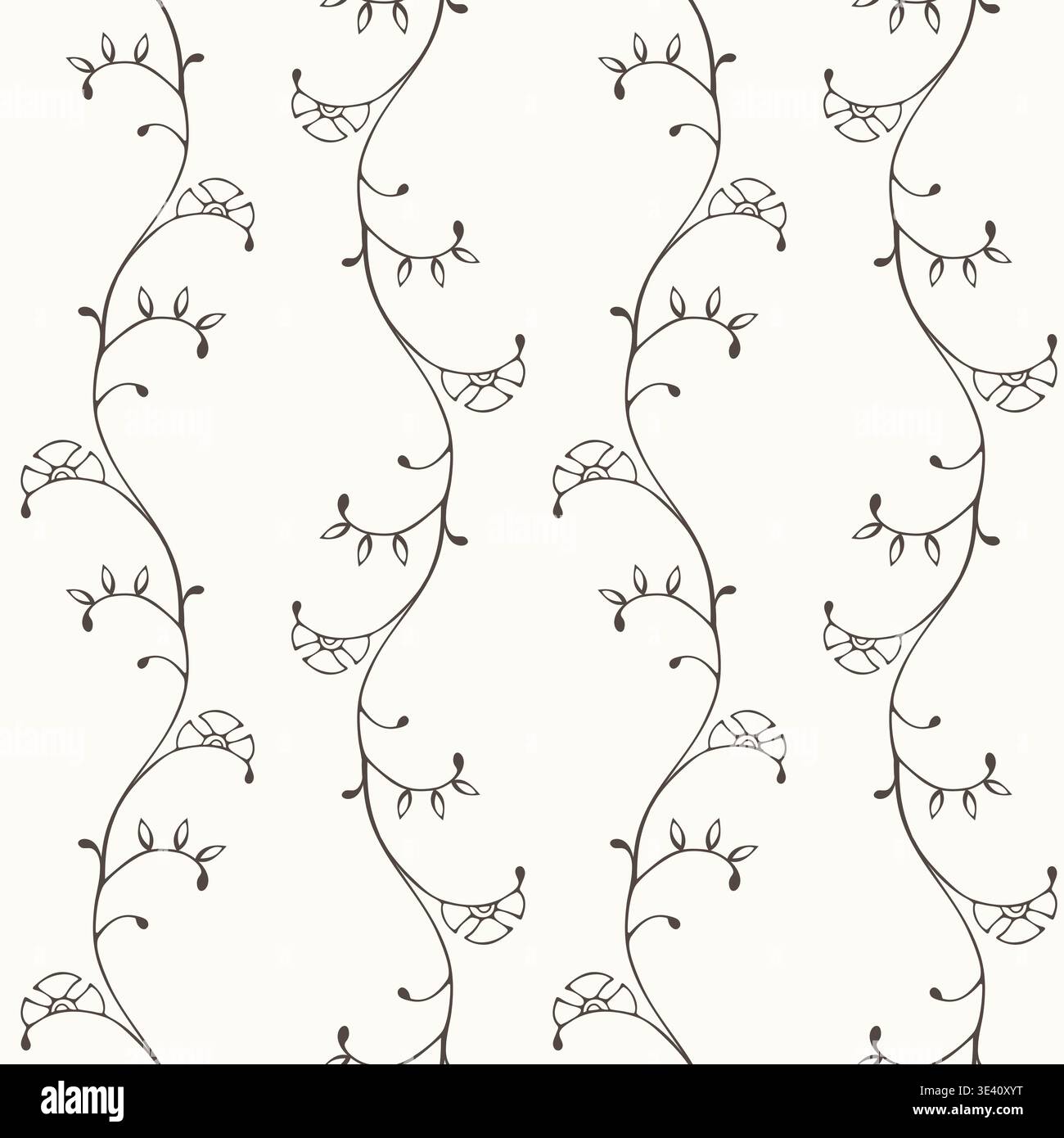 Motivo floreale minimalista senza cuciture con delicate viti e foglie disegnate a mano su sfondo bianco per il design di tessuti e carta da parati. Illustrazione vettoriale Illustrazione Vettoriale