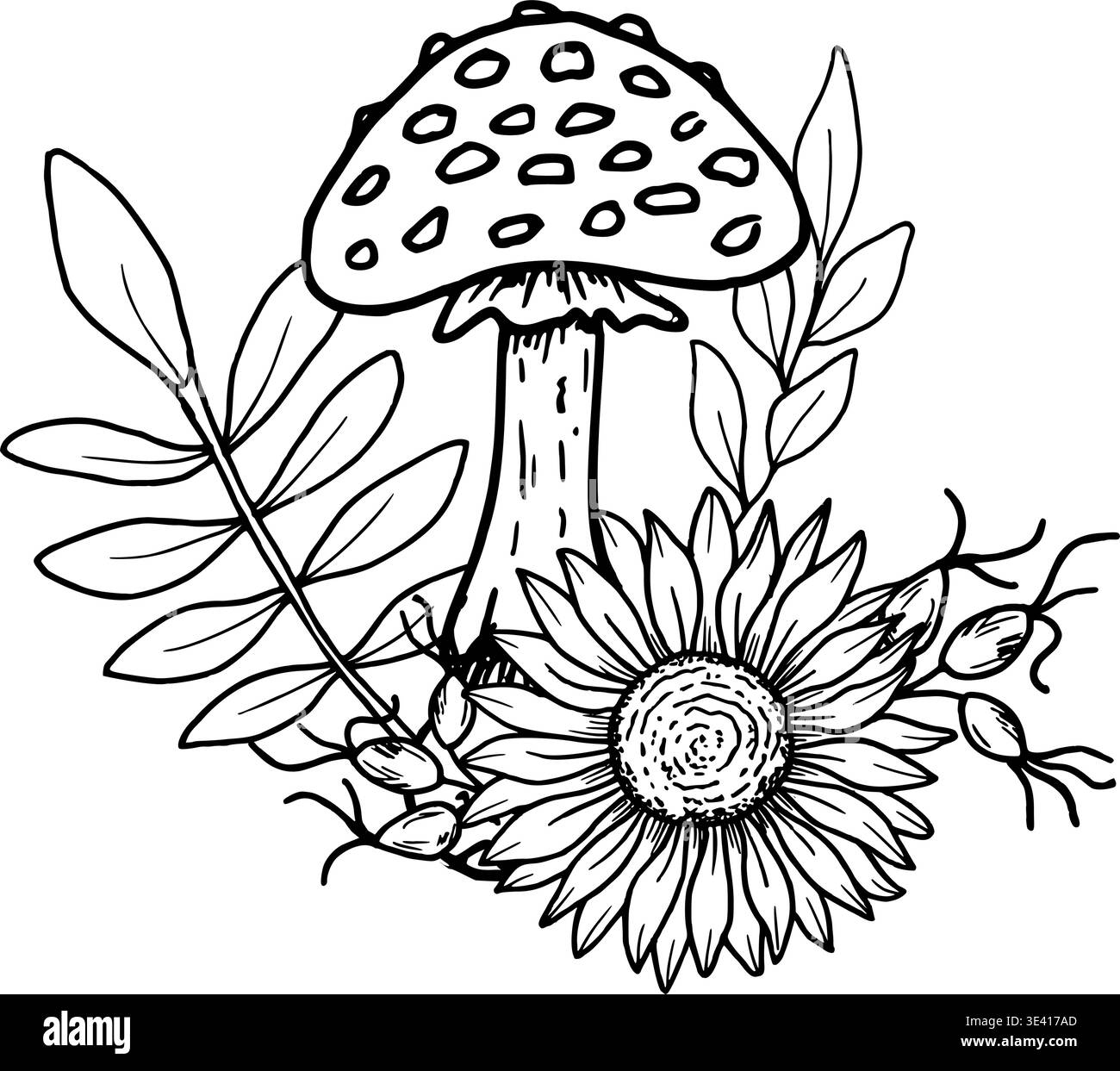 Composizione di agarics mosche con girasole, rosetta fianchi, ramoscello con foglie. Illustrazione vettoriale botanico. Disegnato a mano con inchiostro nero. Disegno del profilo di Illustrazione Vettoriale