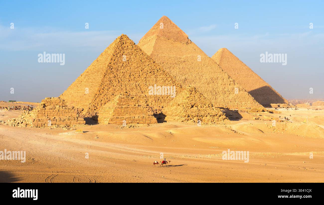 Un solo dromedario a cammello con cavaliere davanti alle piramidi di Giza, luce del sole dorata che delinea le strutture in pietra Foto Stock
