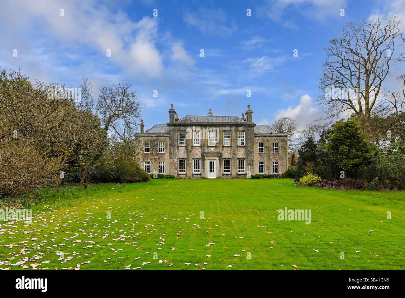 Vista del South Lawn che conduce a Trewithen House, Trewithen Gardens, Truro, Cornovaglia, Inghilterra, REGNO UNITO Foto Stock